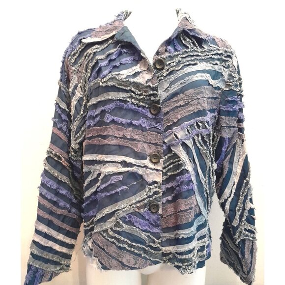 Unknown Jackets & Blazers - Vintage Womens Size Large Boho Hippie Denim & Lace Trim Fringe Patchwork Jacket